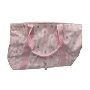 NEW Victoria's Secret VS White with Pink Striped Rhinestone Logo Zip Tote Bag
